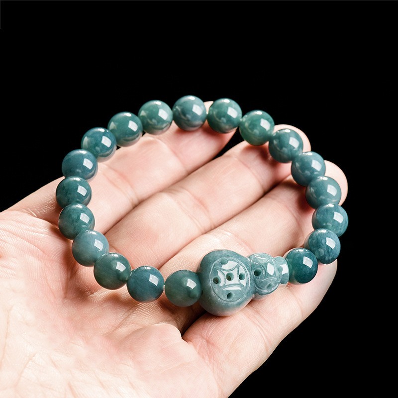 Certified Natural Blue Jade Jadeite Beaded Elastic Stretch Gourd Bracelet