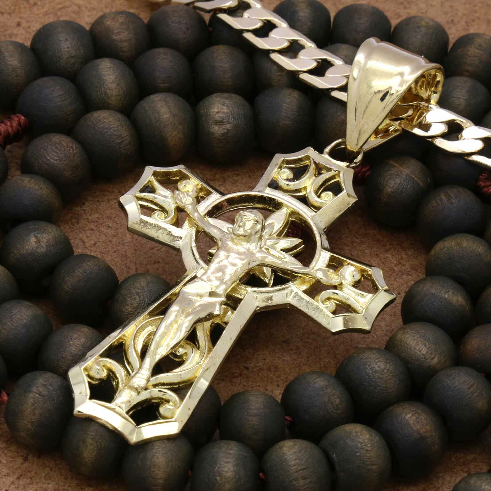 Mens 18k Gold Plated Brass Jesus Curve Cross Pendant 6mm 24″ Cuban Chain