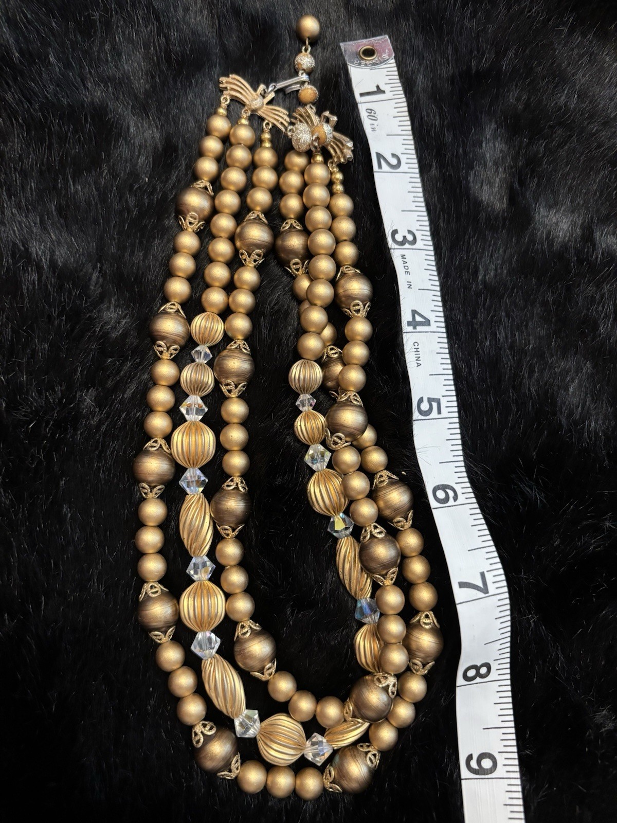 Gold-Tone Multi-Strand Beaded Necklace Clear Crystal Bicone Hook Closure
