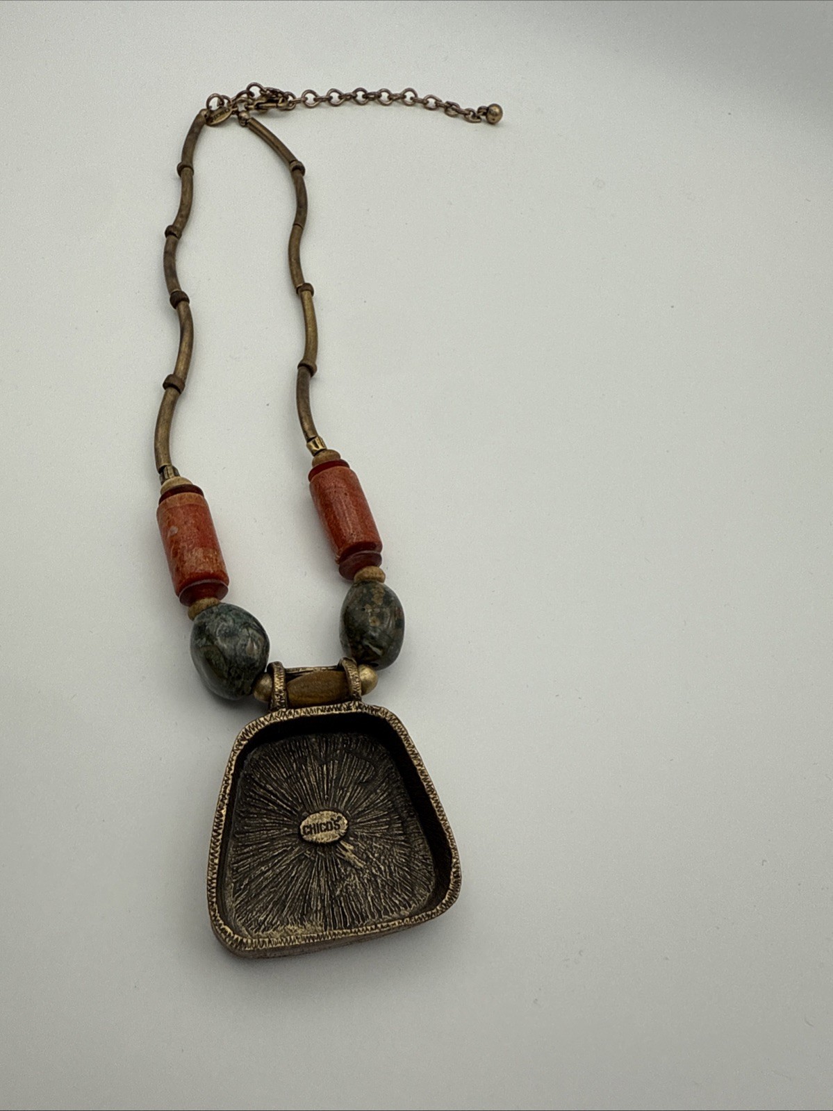 Chicos Necklace Signed Antiqued Copper Red Orange Multicolor Enamel Necklace 16”