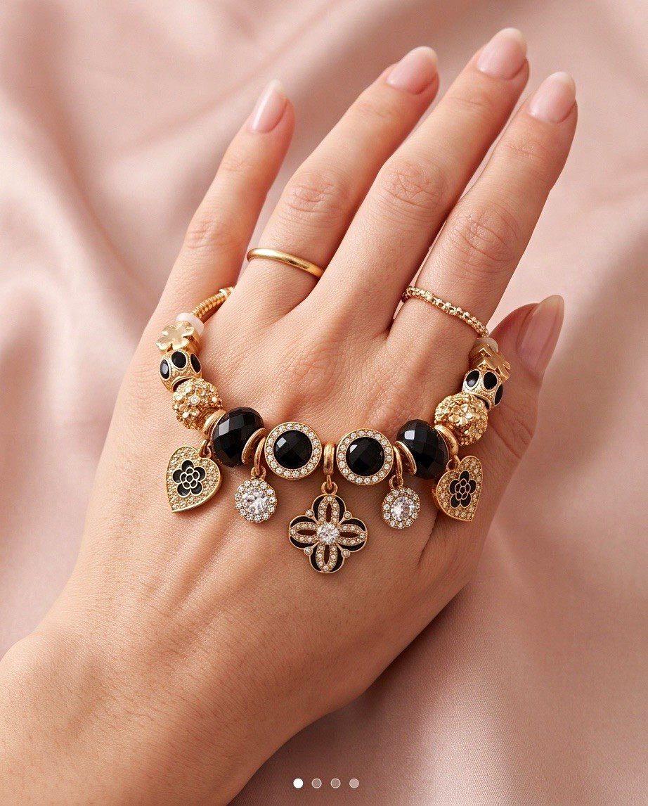 Gold & Black Onyx Style Charm Bracelet (Adjustable 6″–8″)