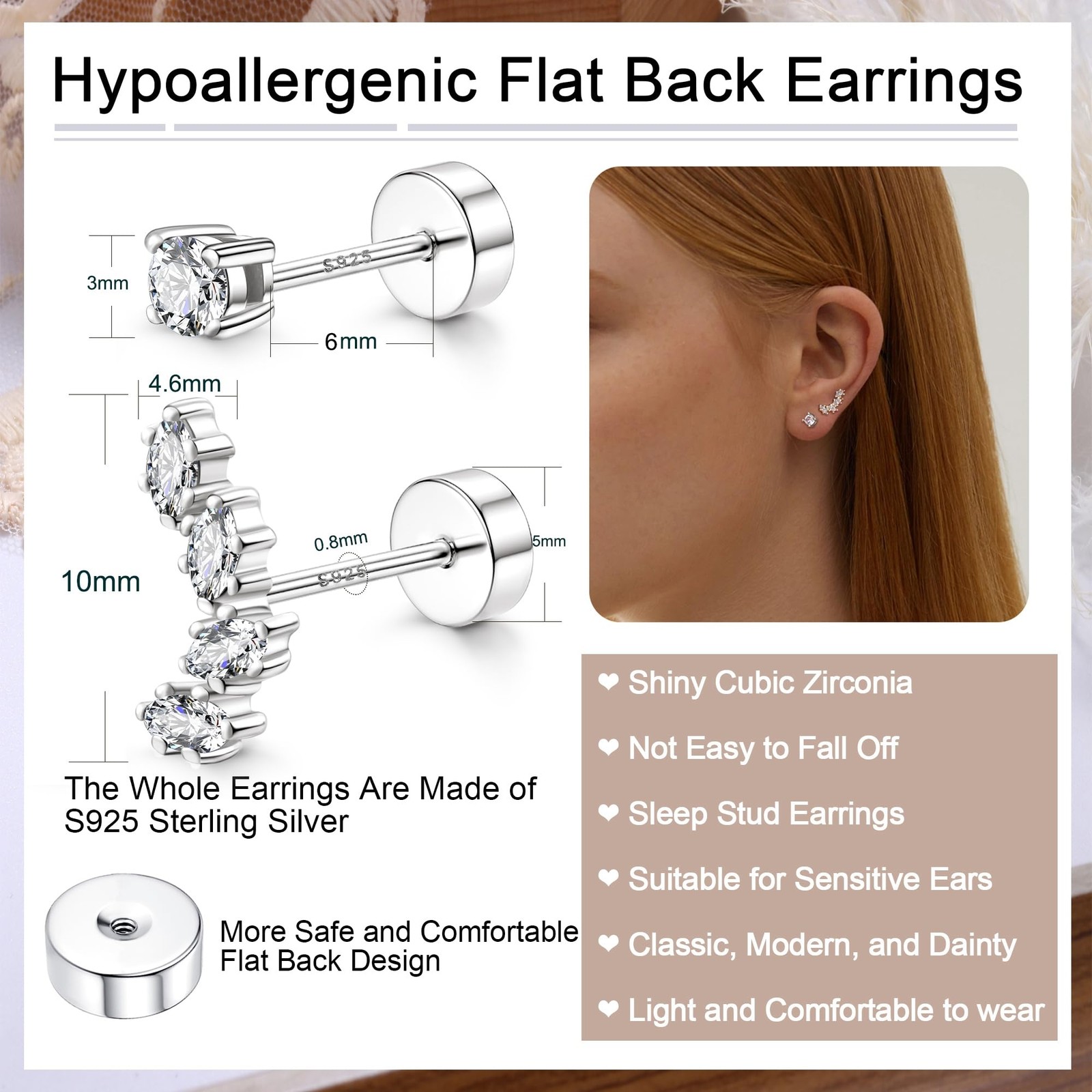 2 Pairs 925 Sterling Silver Flat Back Earrings for Women Dainty Gold CZ Flatb…