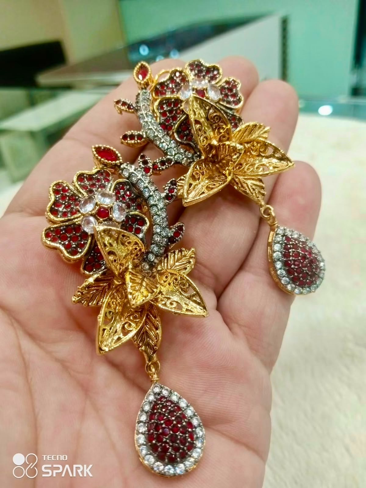 Pakistani Gold Plated Red Crystal Bridal Earrings Flower Dangle Wedding Jewelry