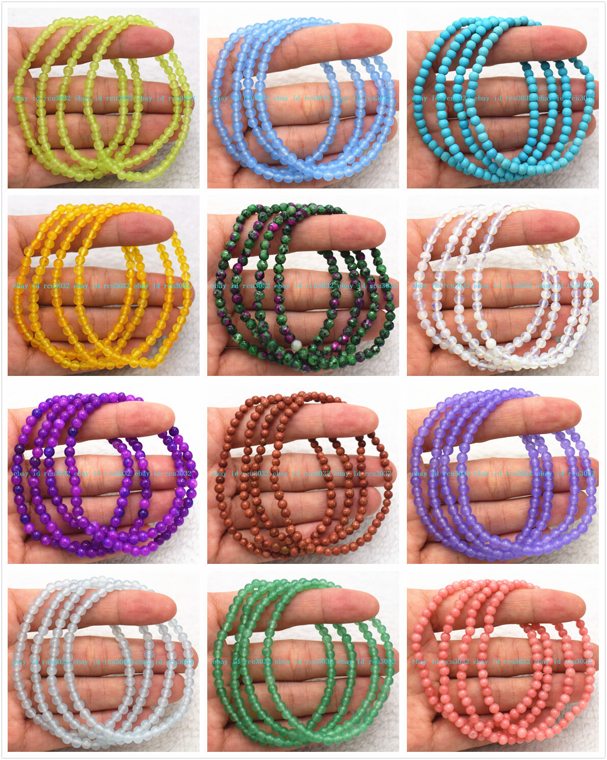 4Pcs Wholesale Multicolor Colors 4mm Round Gemstone Beads Bracelet Jewelry 7.5″