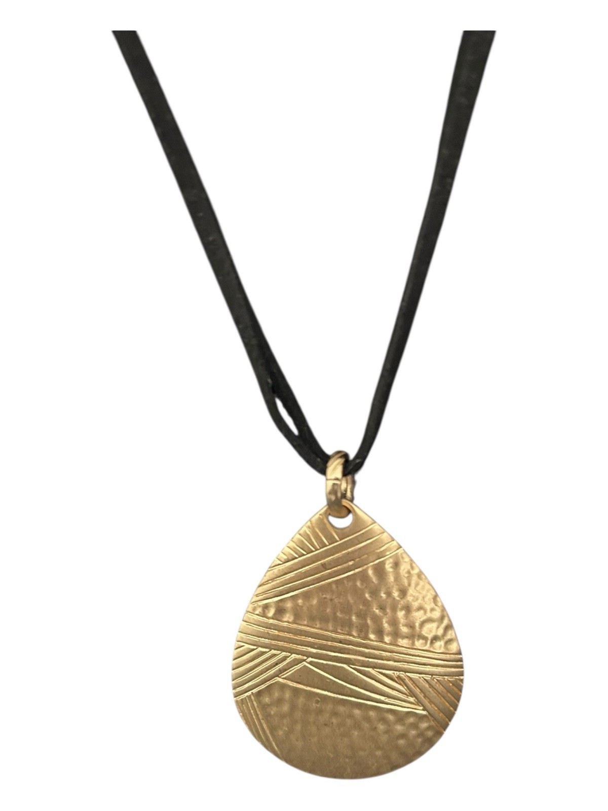 Chico’s Statement Necklace Gold Hammered Pendant Black Cord Adjustable 17” + 4”