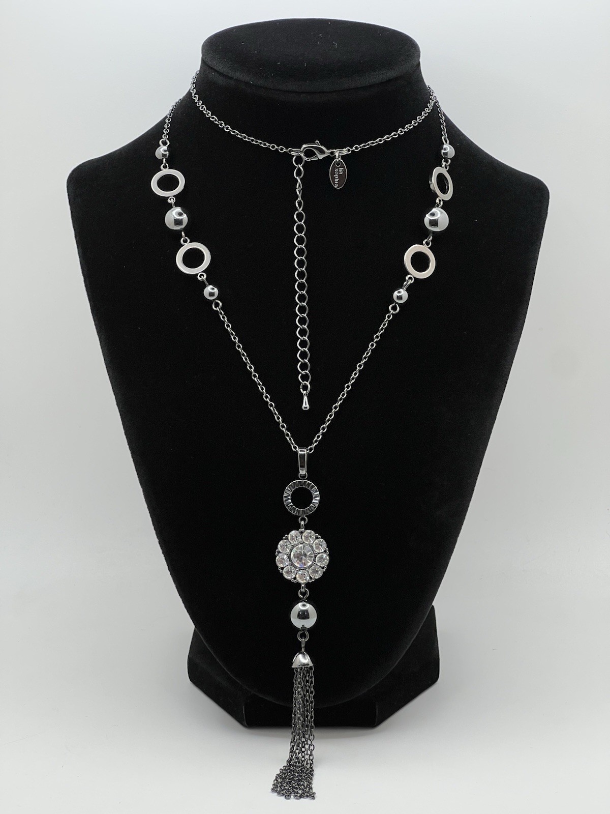 Lia Sophia 27 Inch Long Gunmetal Tone Necklace, Hematite Tone Beads & CZ EUC