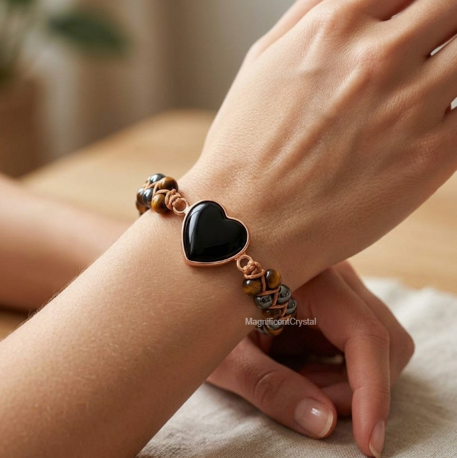 Triple Protection Heart Bracelet Black Obsidian Tiger Eye Hematite Hand Braided