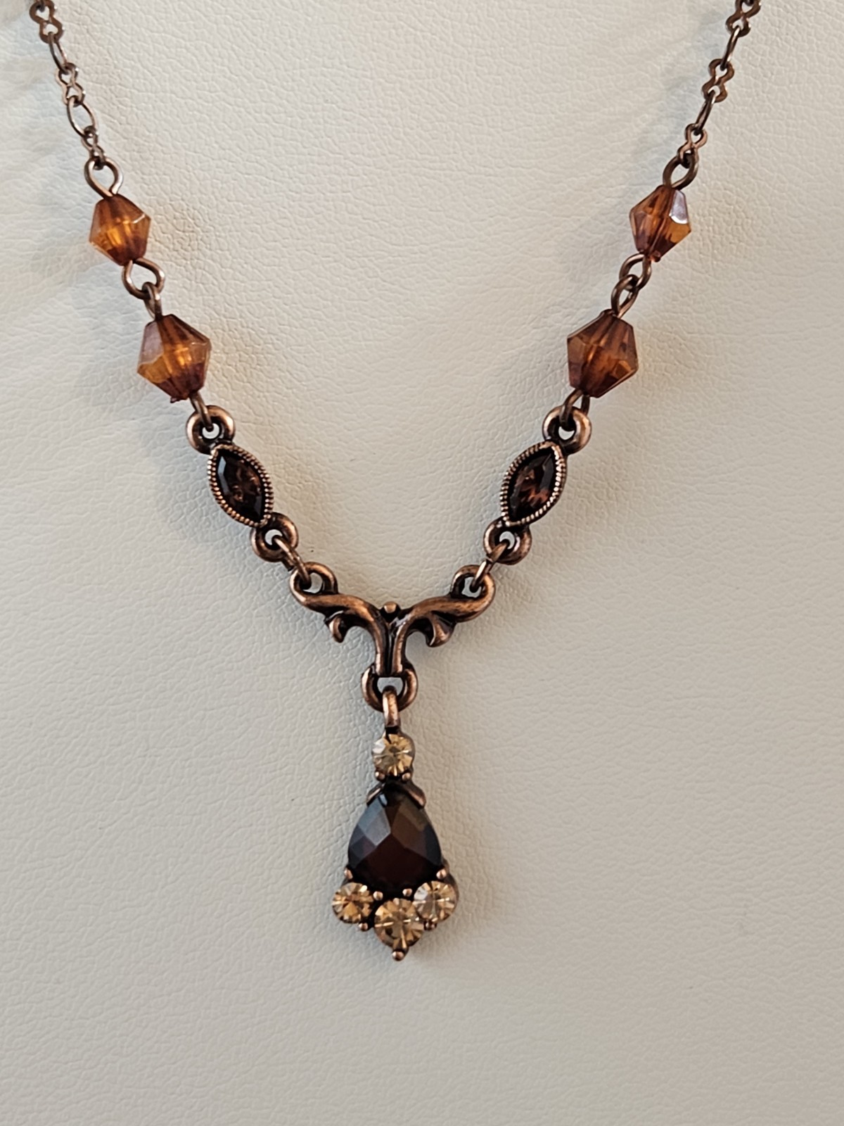 Vintage 1928 Signed Brown Cable Chain Necklace Teardrop Charm Pendant