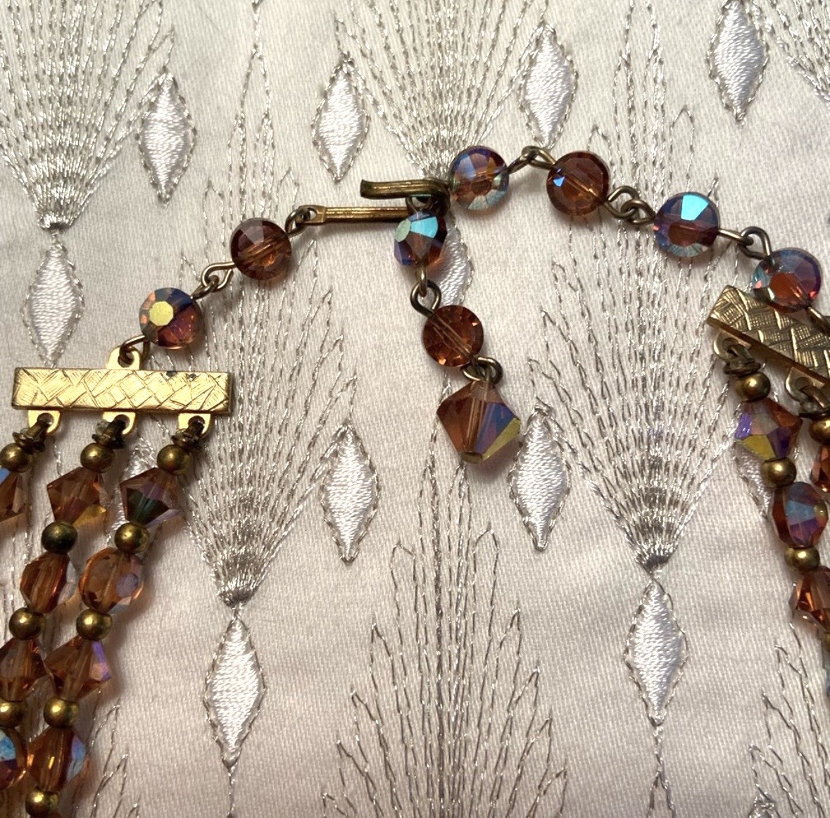 Vintage Brown Aurora Borealis Crystal & Glass Multi-Strand Beaded Necklace Hook