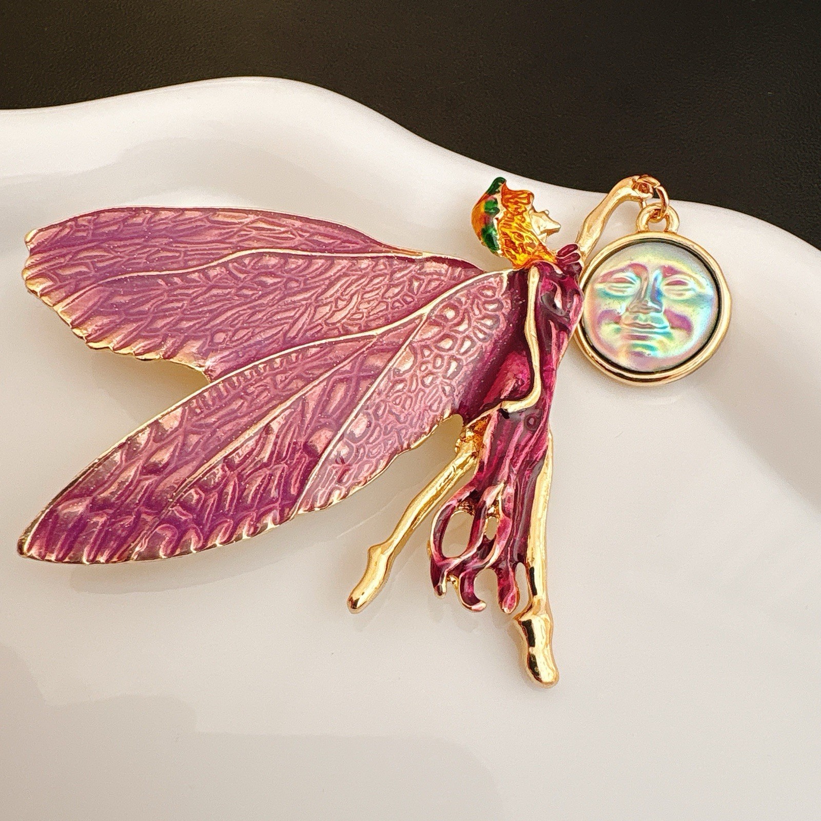 Vintage-Inspired Enamel Fairy Brooch Pendant Pink Wings Moon Star Gold Tone Pin