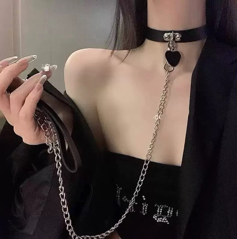 Gothic Black Faux Leather Choker Necklace w/ Silver Heart Charm Cable Chain
