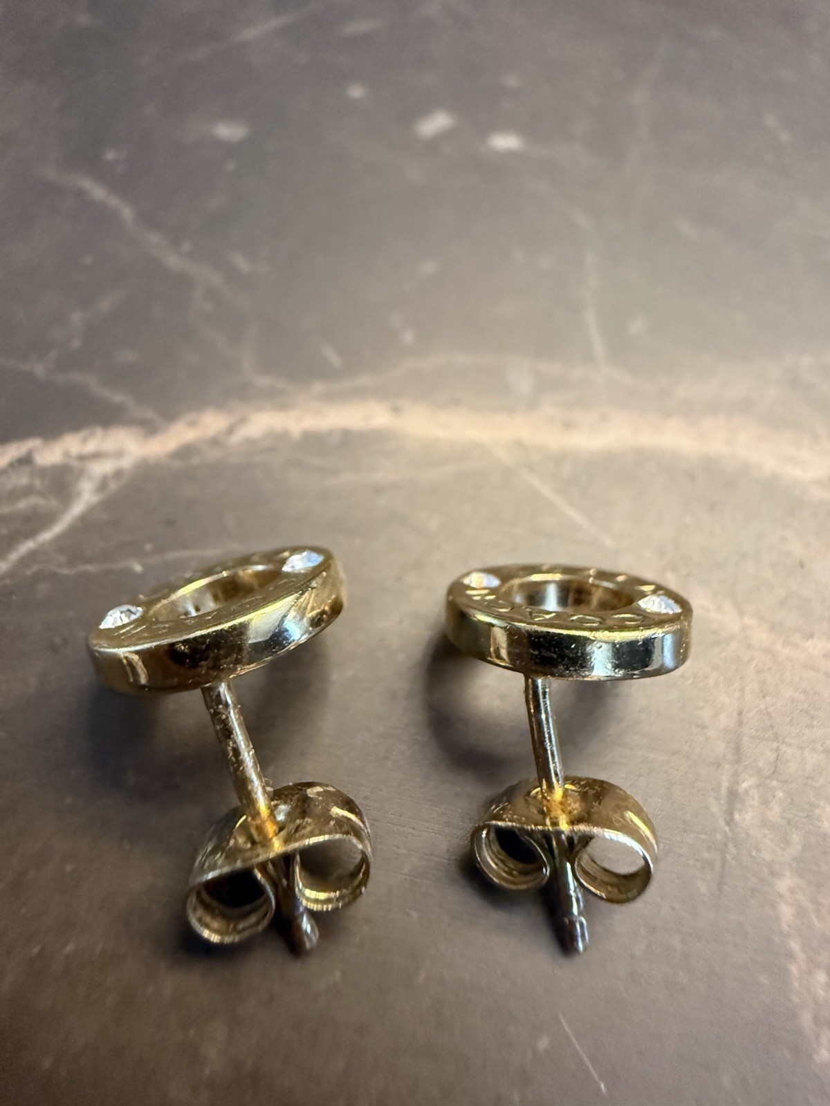 Coach Logo Round Stud Earrings Gold Tone Enamel with White Crystal, Signed