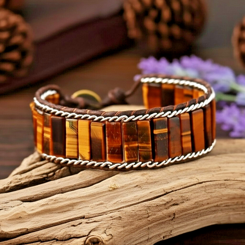 Natural Tiger’s Eye Tube Beads Handmade Braided Healing Women Men Bracelet Gift
