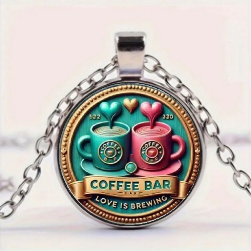 Retro Coffee Bar Love Themed Art Round Pendant Necklace