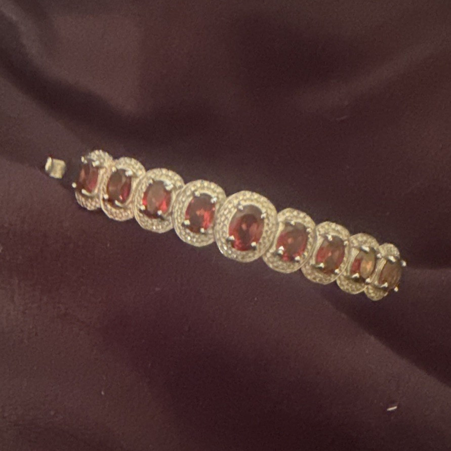 Silver Tone Tennis Link Bracelet Red Oval Rhinestones Red & Clear Stone Look