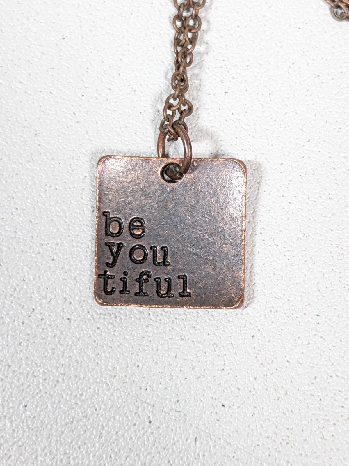 Beautiful You Bronze Tone Square Charm Pendant Inspirational Chain Necklace 20″