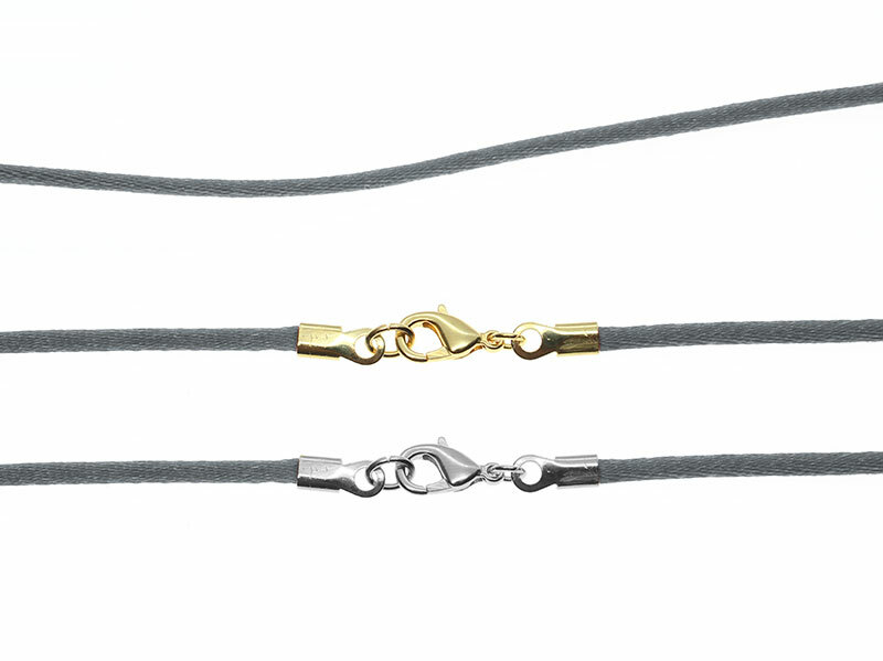 Gray Satin Silk Cord Necklace Silver/Gold Clasp From 16″ to 30″ In Length