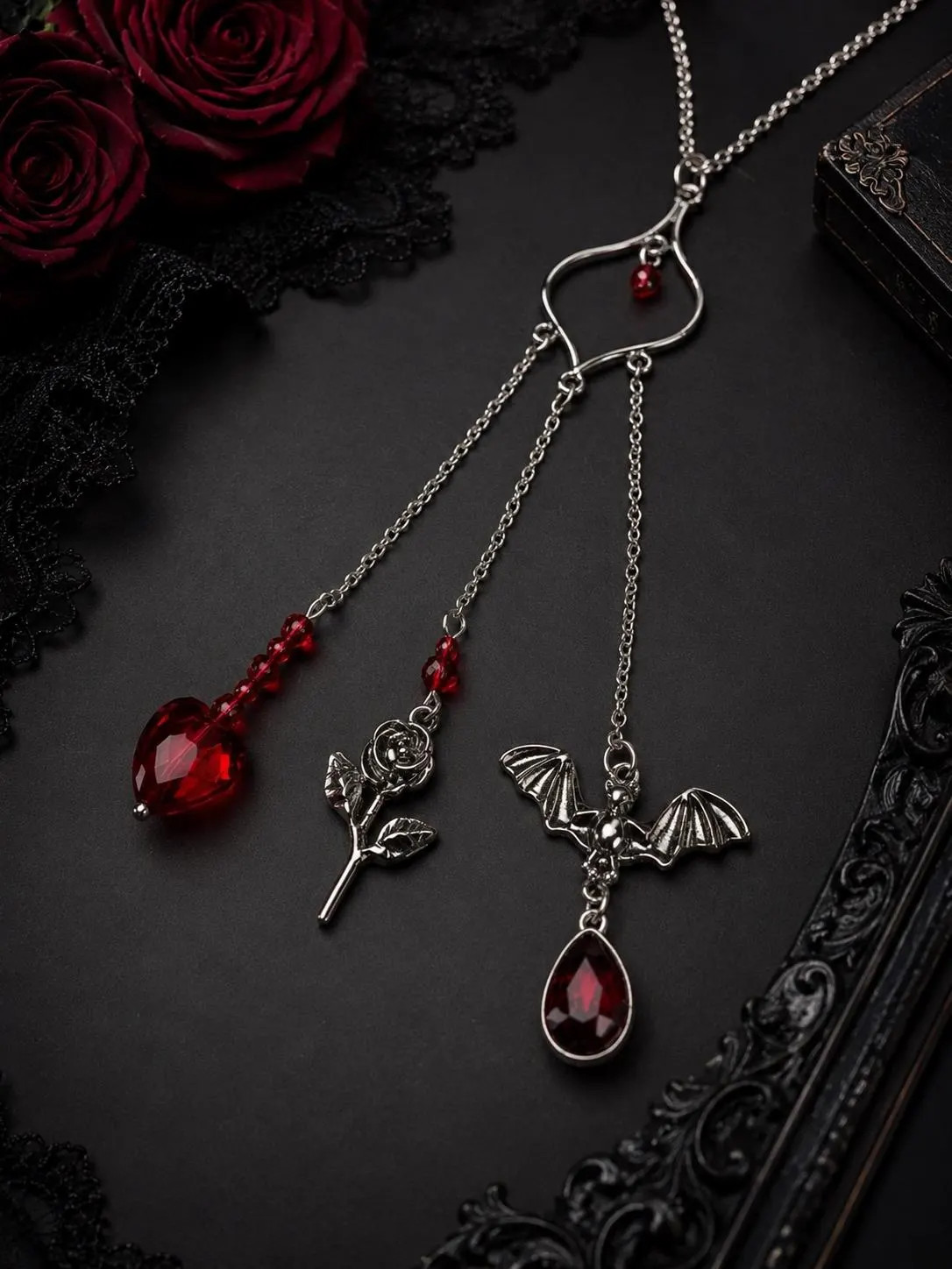 Handmade Gothic Triple Dangle Necklace | Silver Tone Alternative Jewelry