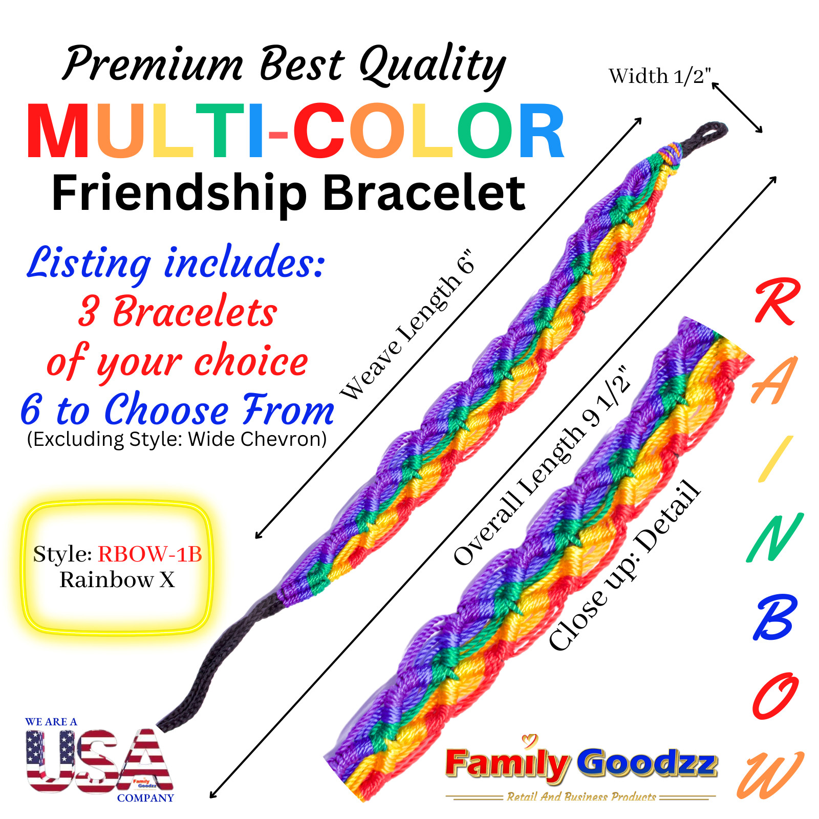 🌈 Threaded Hand Woven Rainbow Friendship Bracelet Bob Marley Rasta, USA (3 pcs)