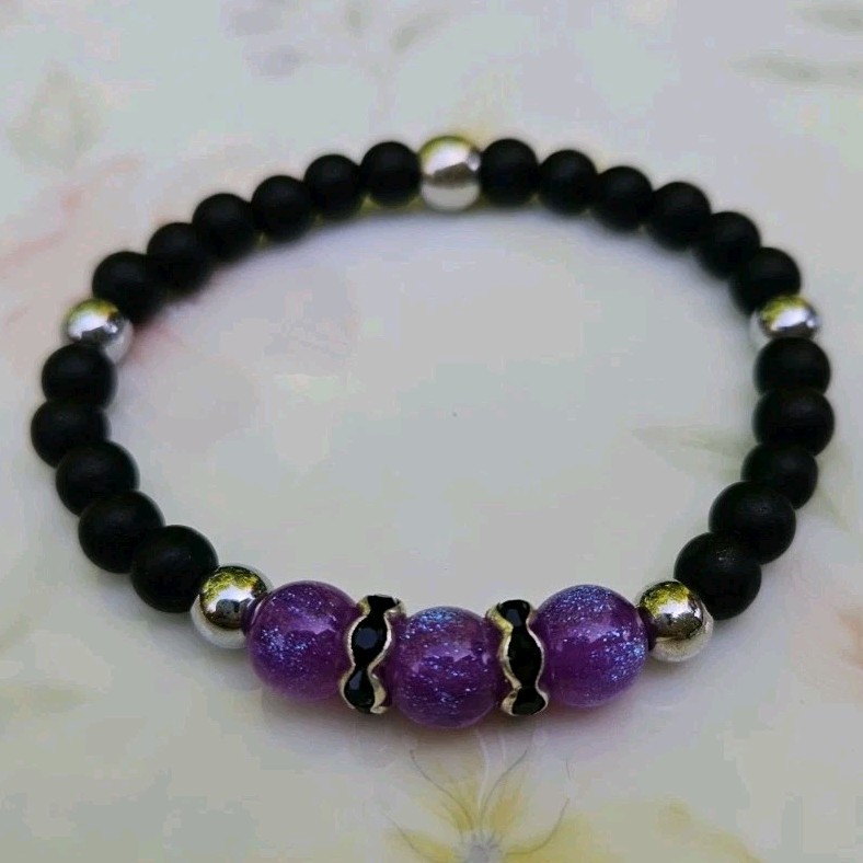 Black Purple Silver Round Beaded Stretch Bracelet Stackable Sizable Fit