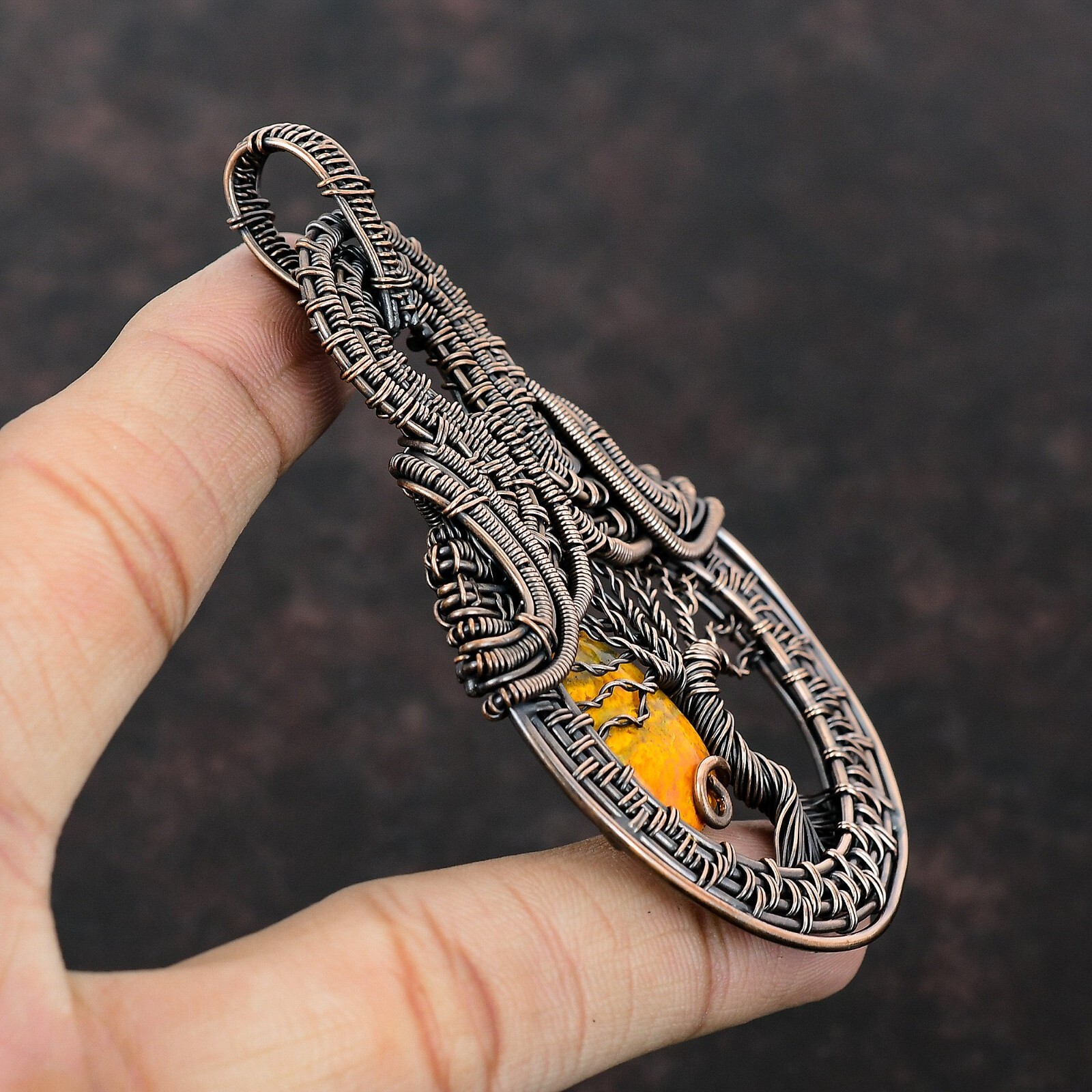 Gift For Her Copper Bumble Bee Jasper Wire Wrapped Tree Of Life Pendant 3.5″