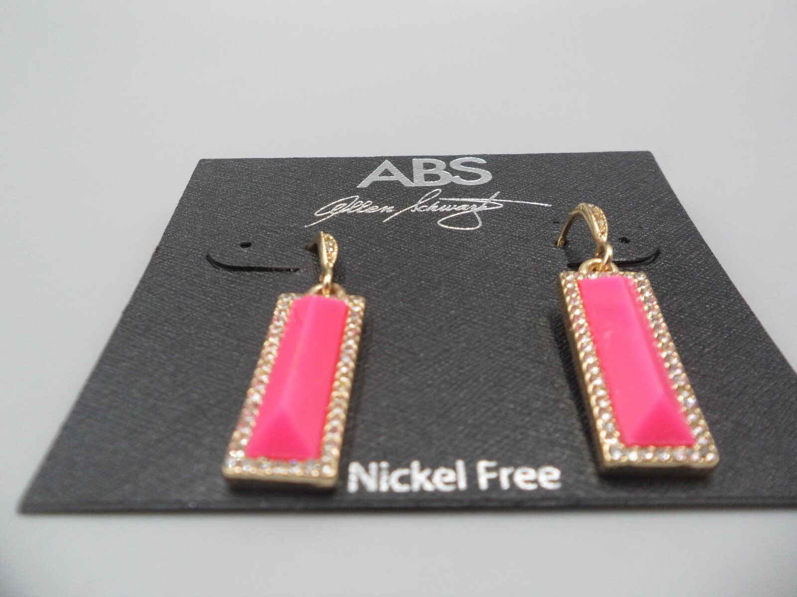 ABS Signed Earrings Hot Pink Rectangle Rhinestone Bar Nickle Free $40 Retail
