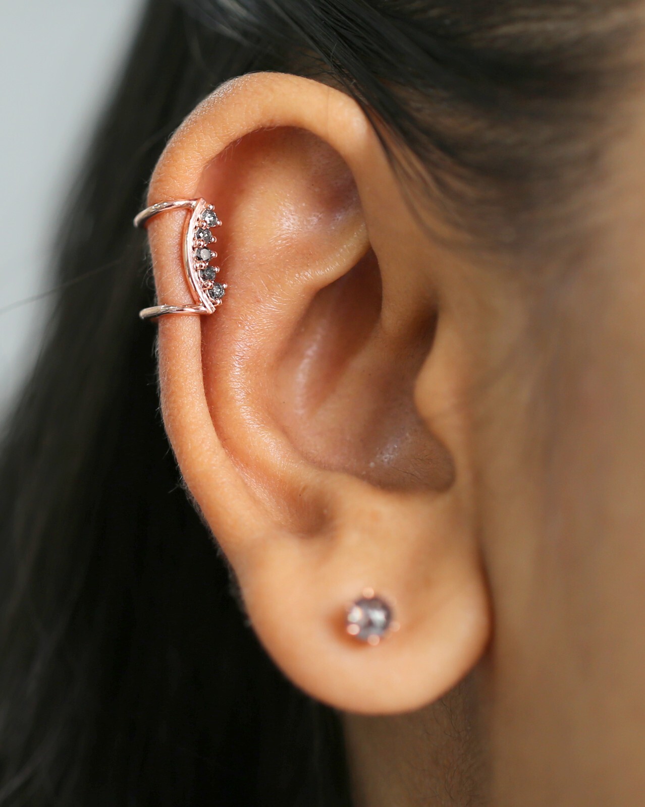Round Black Grey Diamond Ear Cuff 14K Rose White Yellow Gold Ear Cuff KD1072