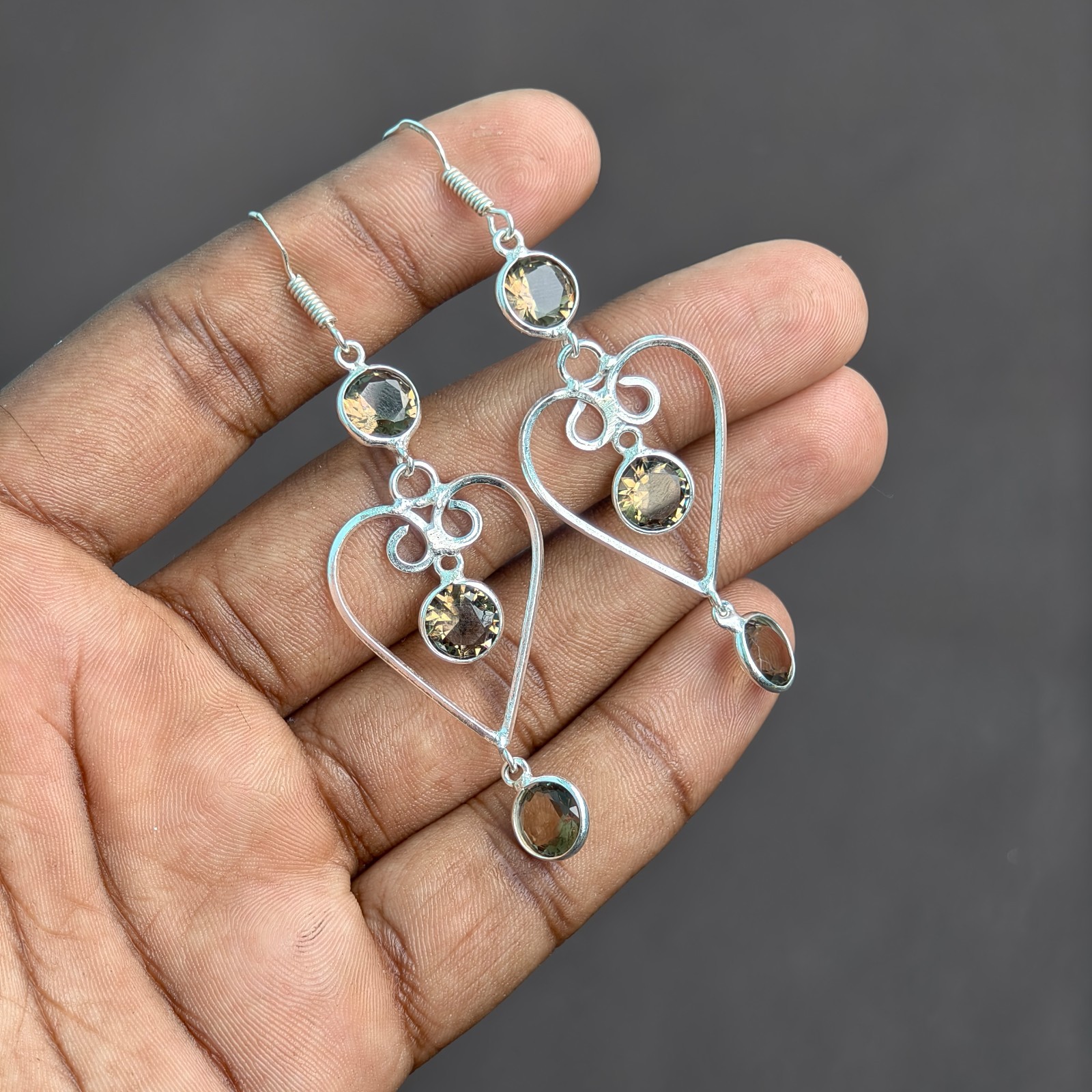 Handmade Smoky Quartz Heart Dangle Earrings, 925 Sterling Silver Earrings
