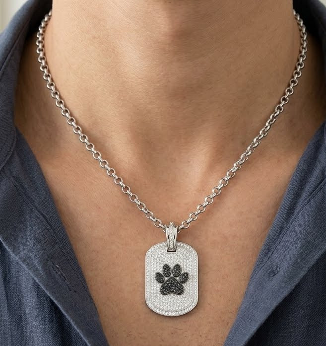 4ct Round Simulated Black & White Diamond Dog Tag Pendant 14k White Gold Plated