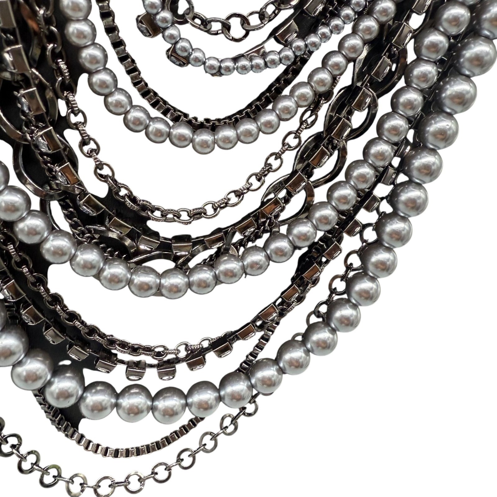 Rhinestone Gray Beaded Layered Multi-Strand Chain Necklace Silver Tone