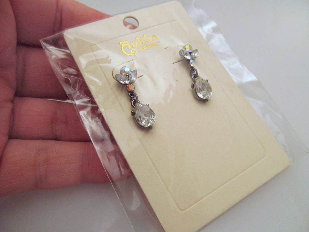 *NEW Gun Metal Tone & Clear Crystal Pierced Elegant Drop Earrings by Antika