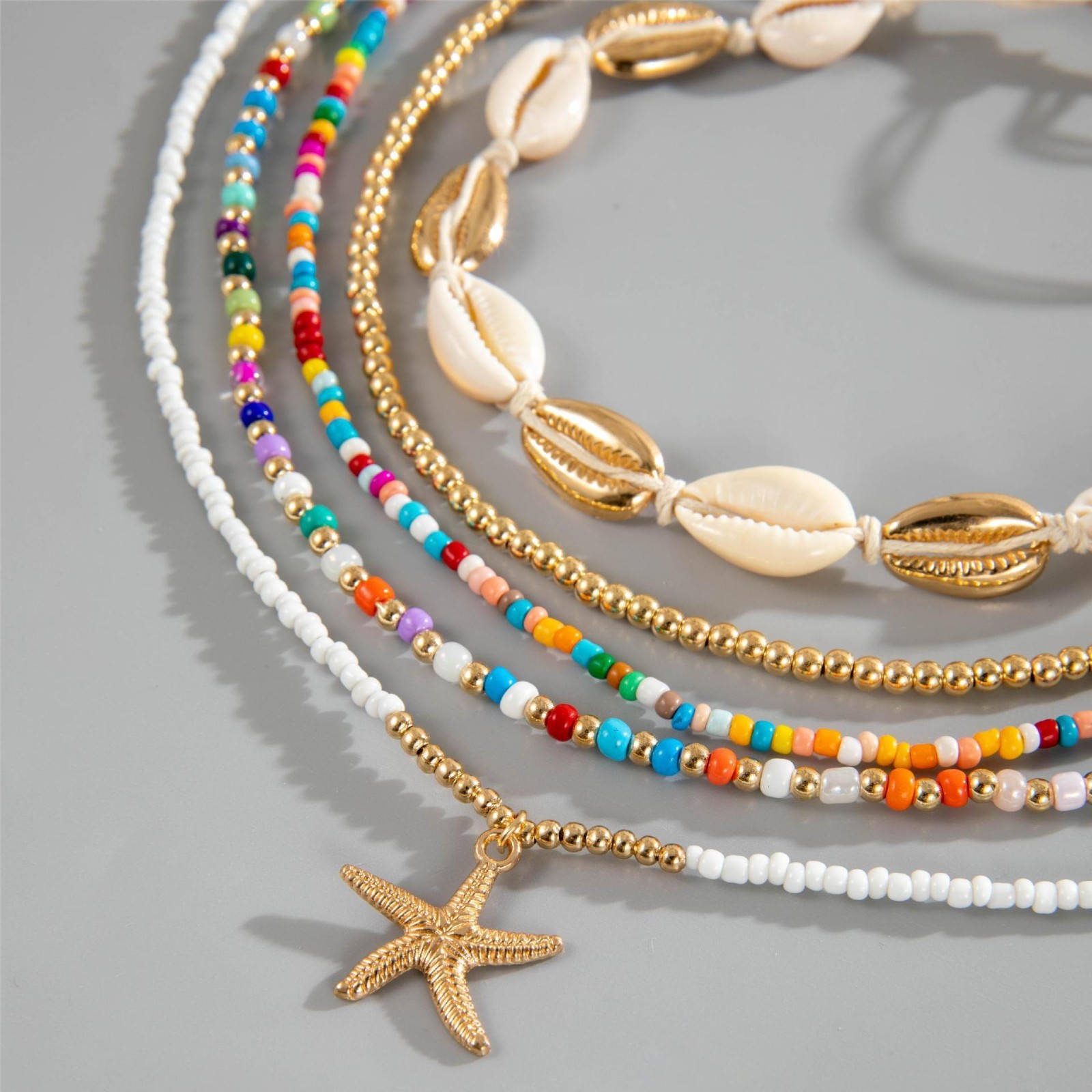 Rainbow Seed Bead Beaded Bracelet Necklace Set Seashell Starfish Beach Jewelry