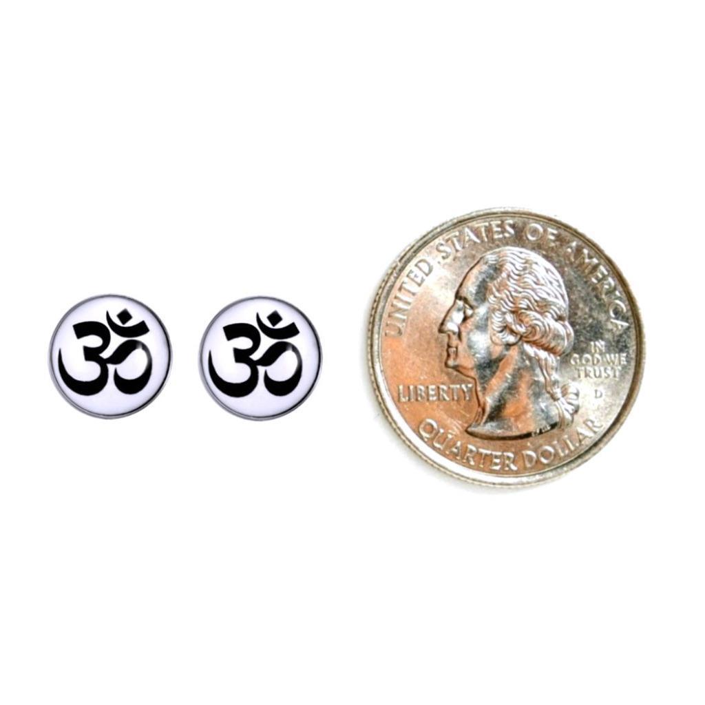 OHM EARRINGS 10mm Stainless Steel Stud Post Round White Unisex Om Aum Yoga Hindu