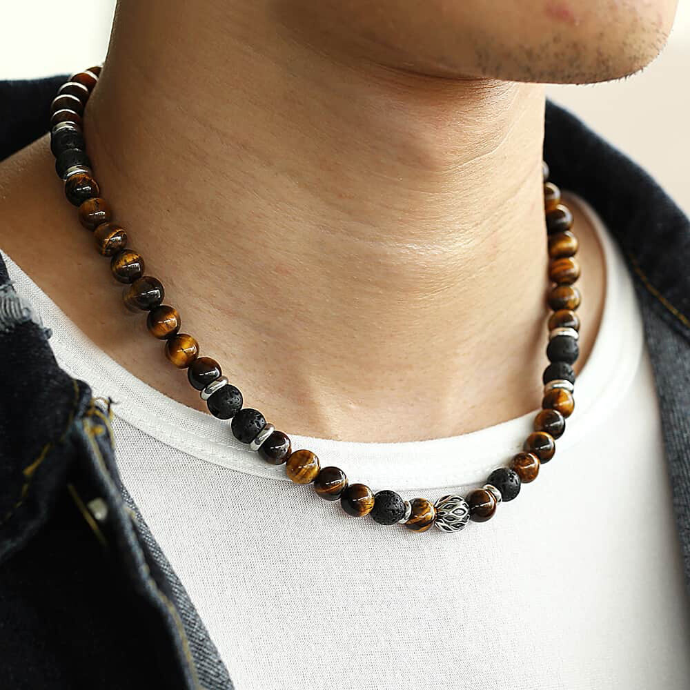 Men’s 8mm Natural Tiger Eye Lava Bead Necklace Stainless Steel Toggle 18/20/24″S