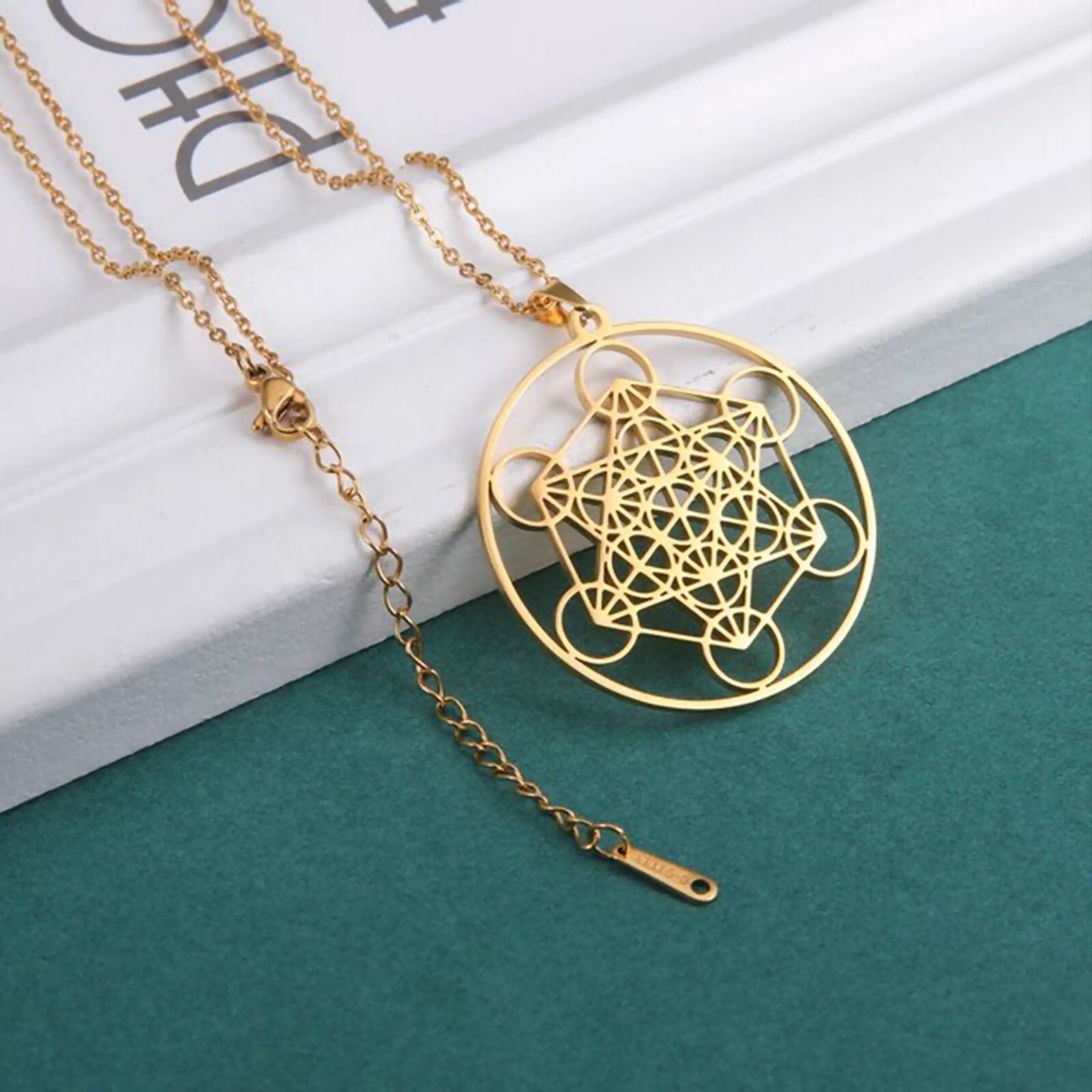 Gold Metatrons Cube Necklace Stainless Steel Sacred Geometry Pendant with Chain