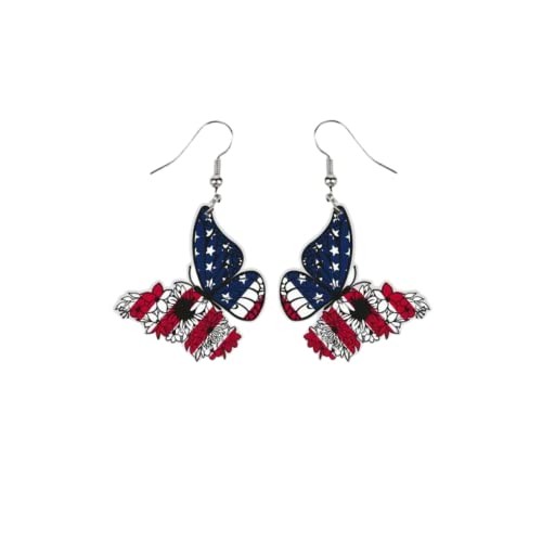 Red White Blue Patriotic Dangle Earrings July 4th Acrylic USA Star Butterfly