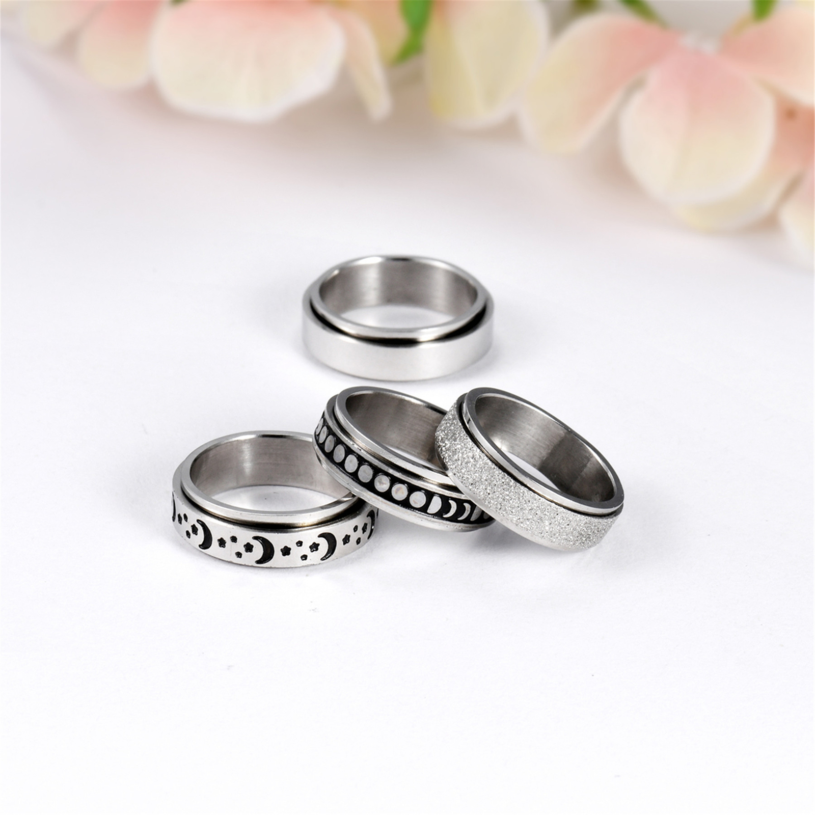 4pcs Stainless Steel Anxiety Ring Women’d Mens Fidget Spinner Moon Star Band Set