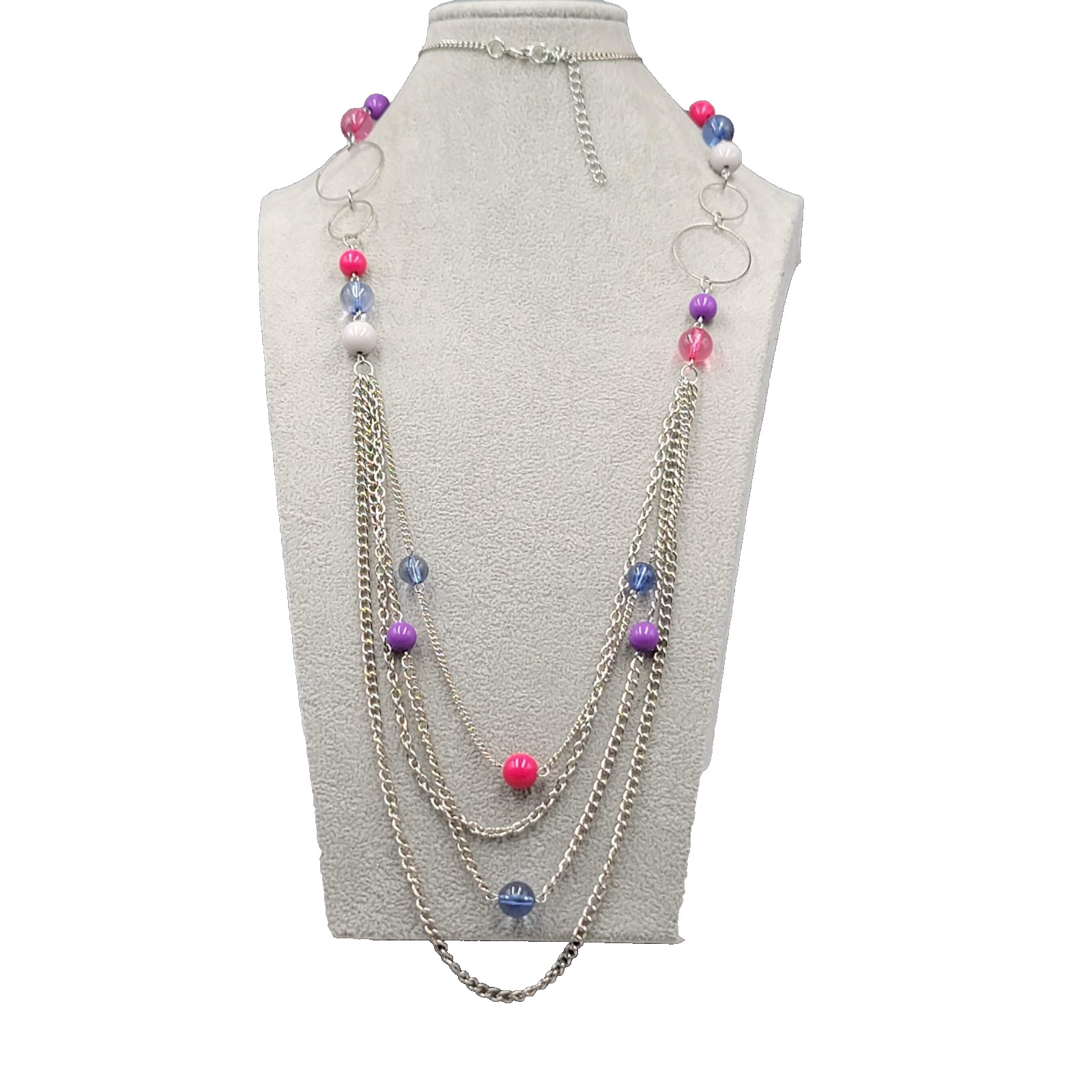 Purple Pink Blue Bead Layered Necklace Silver tone 30 in Long