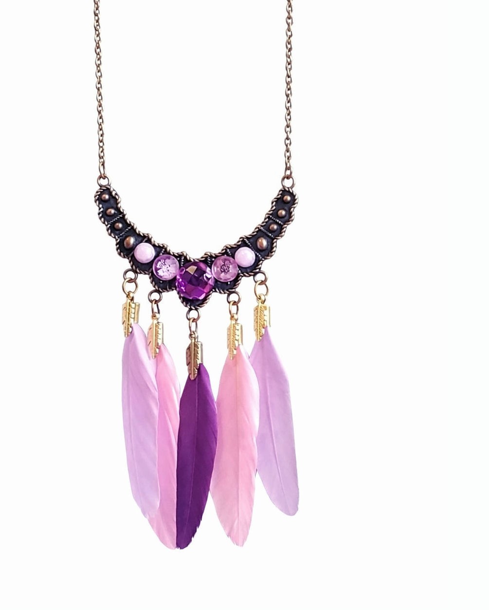 Feather Necklace – Bronze with Pink, Lilac & Purple Feathers – Handmade