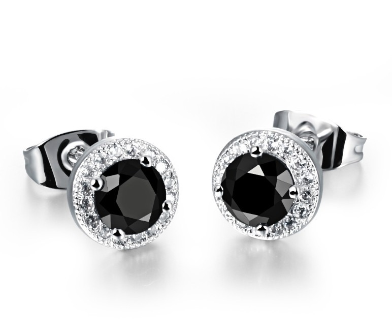 Men Women Sterling Silver Black Round Cubic Zirconia Ear Studs Earrings 8mm A1