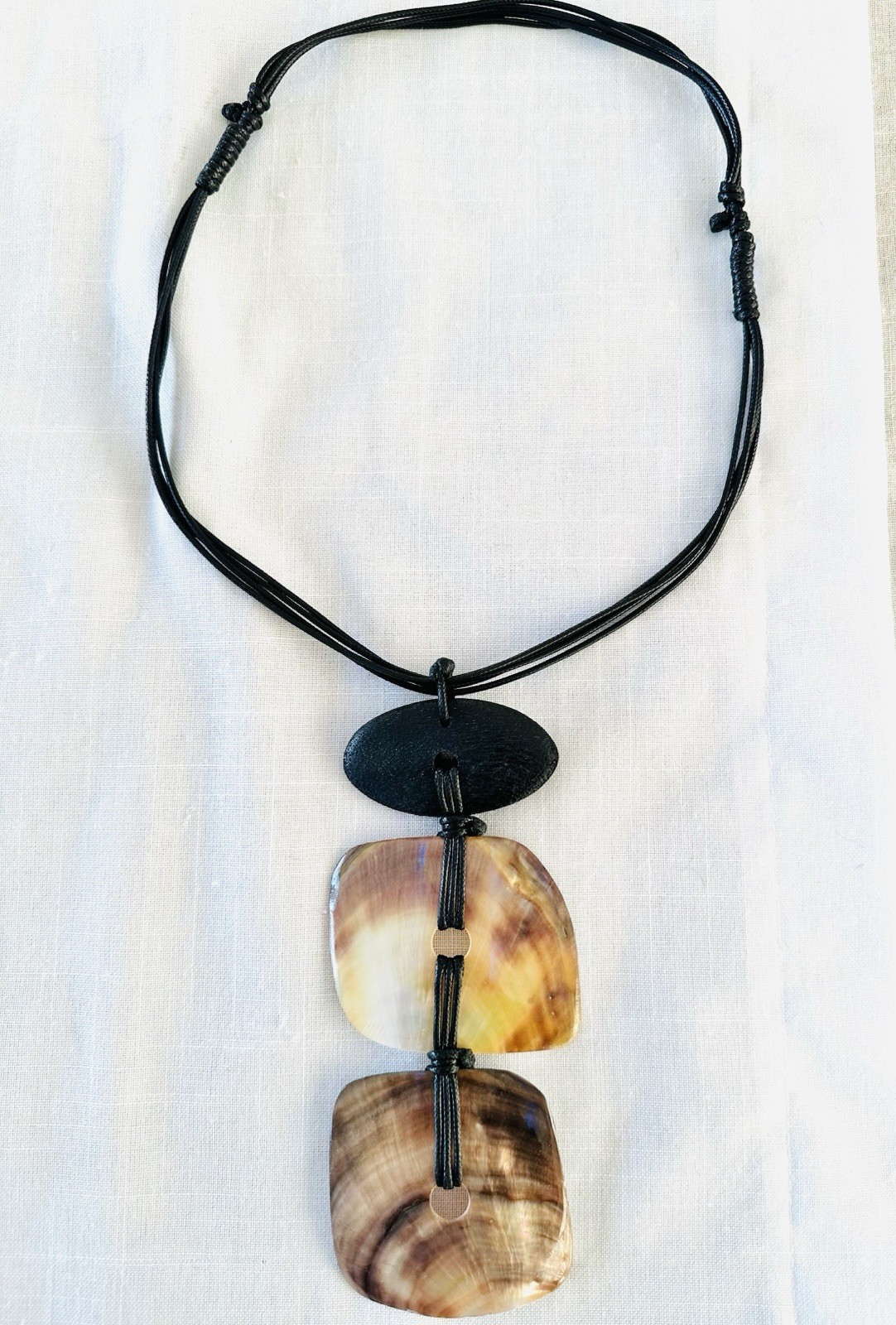 Natural 2-Shell Pendant Necklace with Black Cord & Black Mango Wood