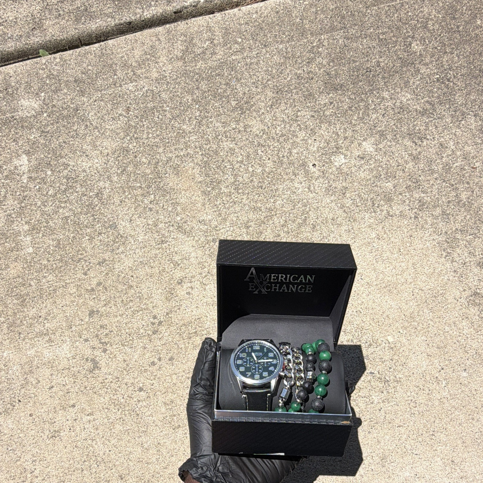 American Exchange Watch & Bracelet Jewelry Set, Black/Silver, Green Beaded