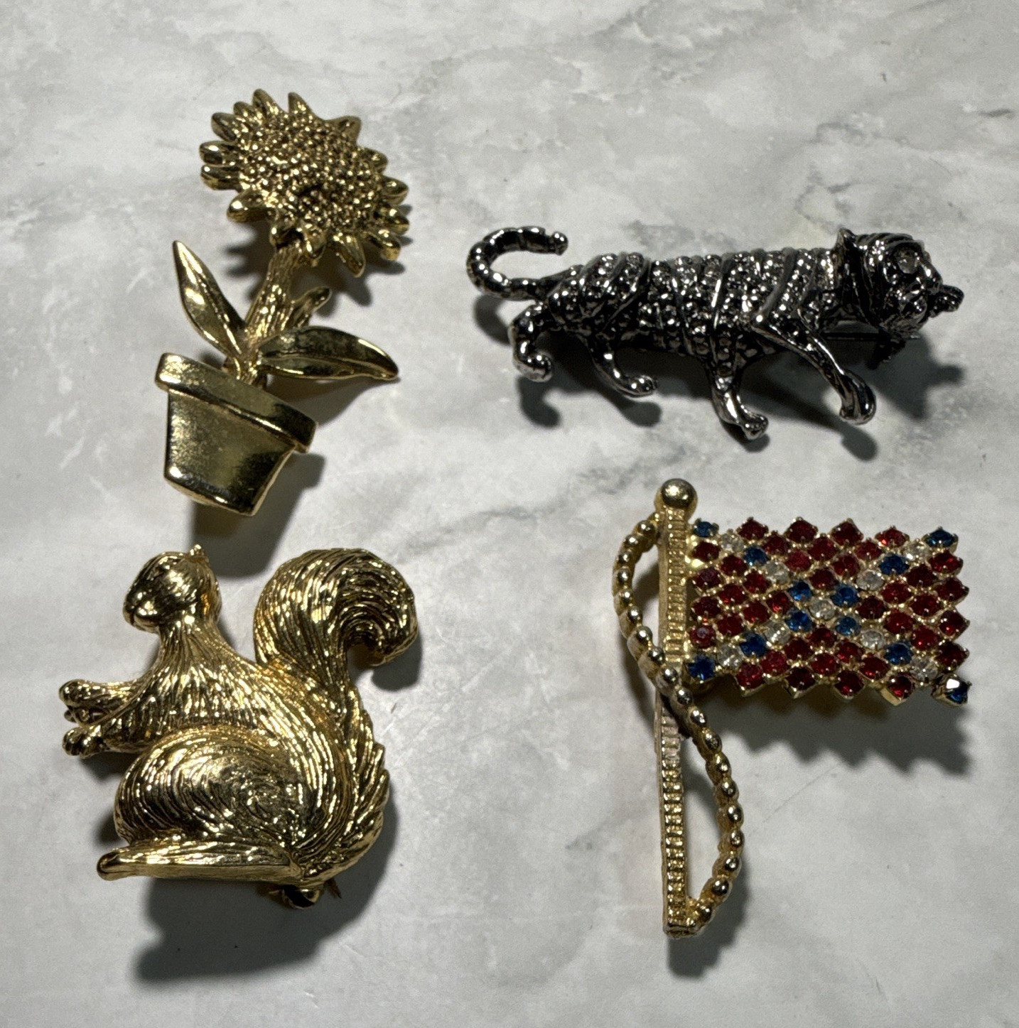 Lot of 4 Metal Brooch Pins 1.75in Multicolor Animal & Flower Rhinestone