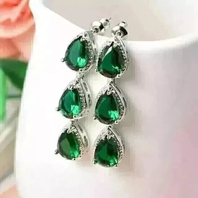 2.50Ct Pear Cut Simulated Green Emerald Drop Earrings In 14K White Gold Plated