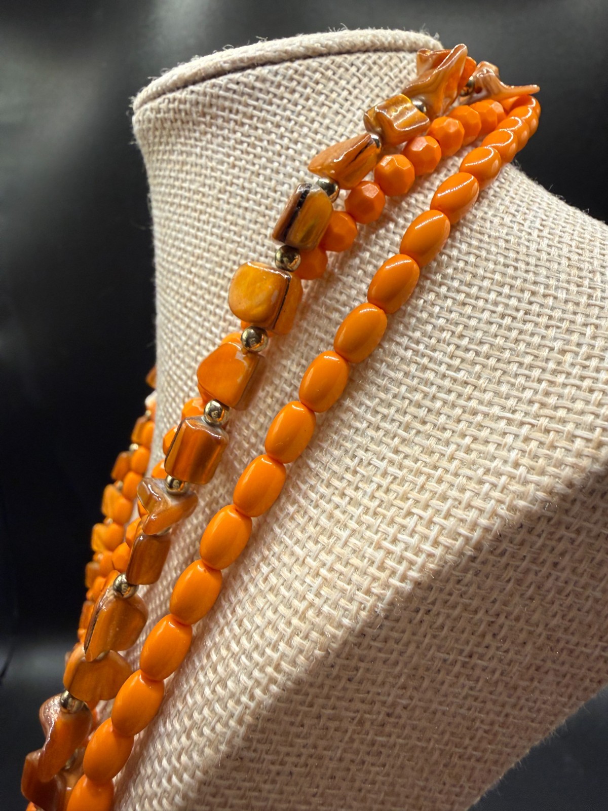 Orange Multi Strand Tiger’s Eye Style Beaded Necklace Gold Tone 30” Statement Ne
