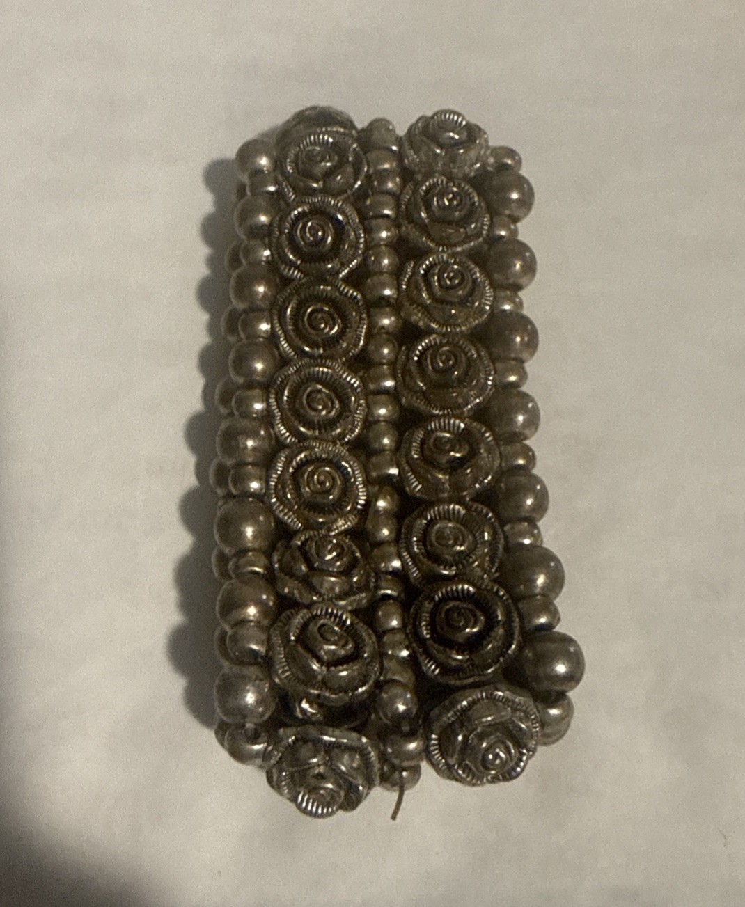 LARGE BOLD RUNWAY COUTURE SILVER TONED METAL ROSE BEADS STRETCH CUFF BRACELET