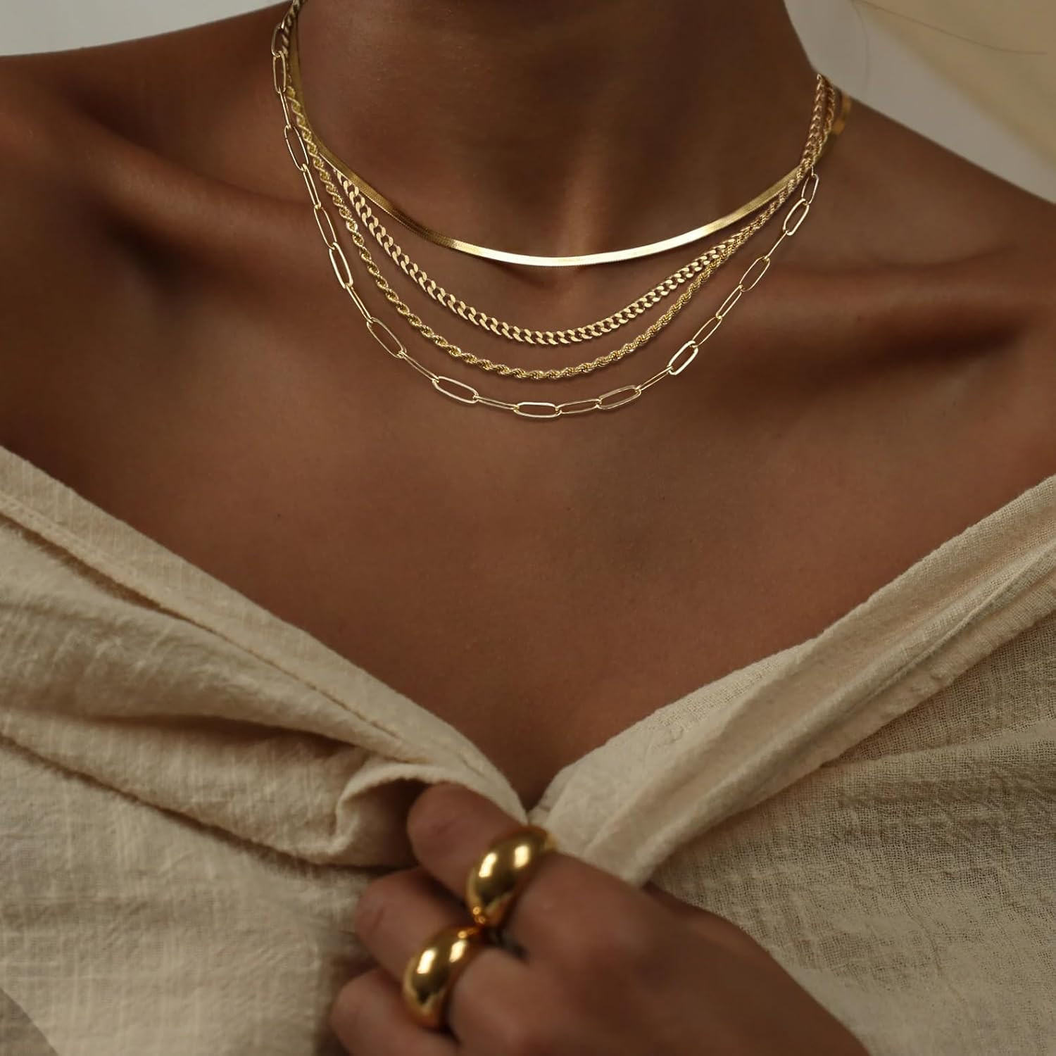 Gold/Silver Necklaces Stack for Women,14K Gold/Sterling Silver Plated Simple Lay