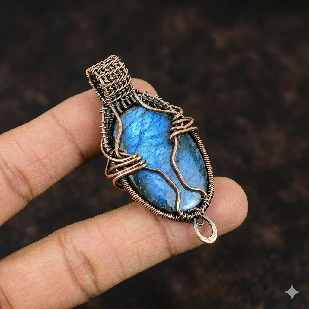 Labradorite Wire Wrapped Pendant Handcrafted Copper Ethnic Gift 2.36″