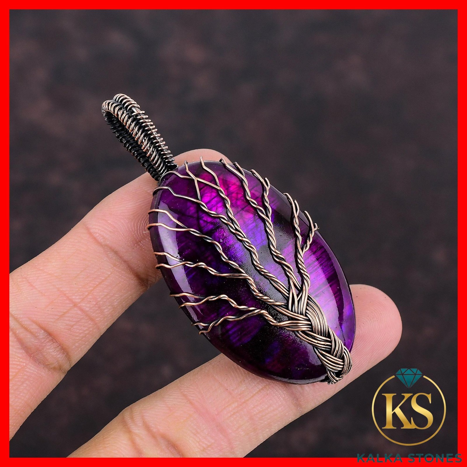 Copper Pink Fire Labradorite Gemstone New Tree Of Life And Wire Wrapped Pendant