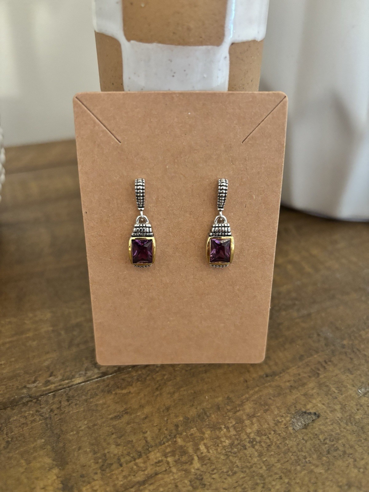 Sterling Silver & Gold Tone Purple Stone Drop Earrings – Unbranded